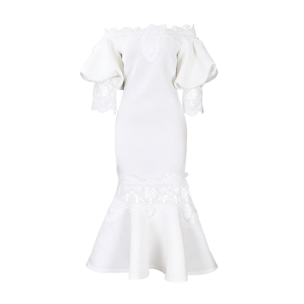 Damen Bodycon Kleid Spitze Voluminöse Ärmel