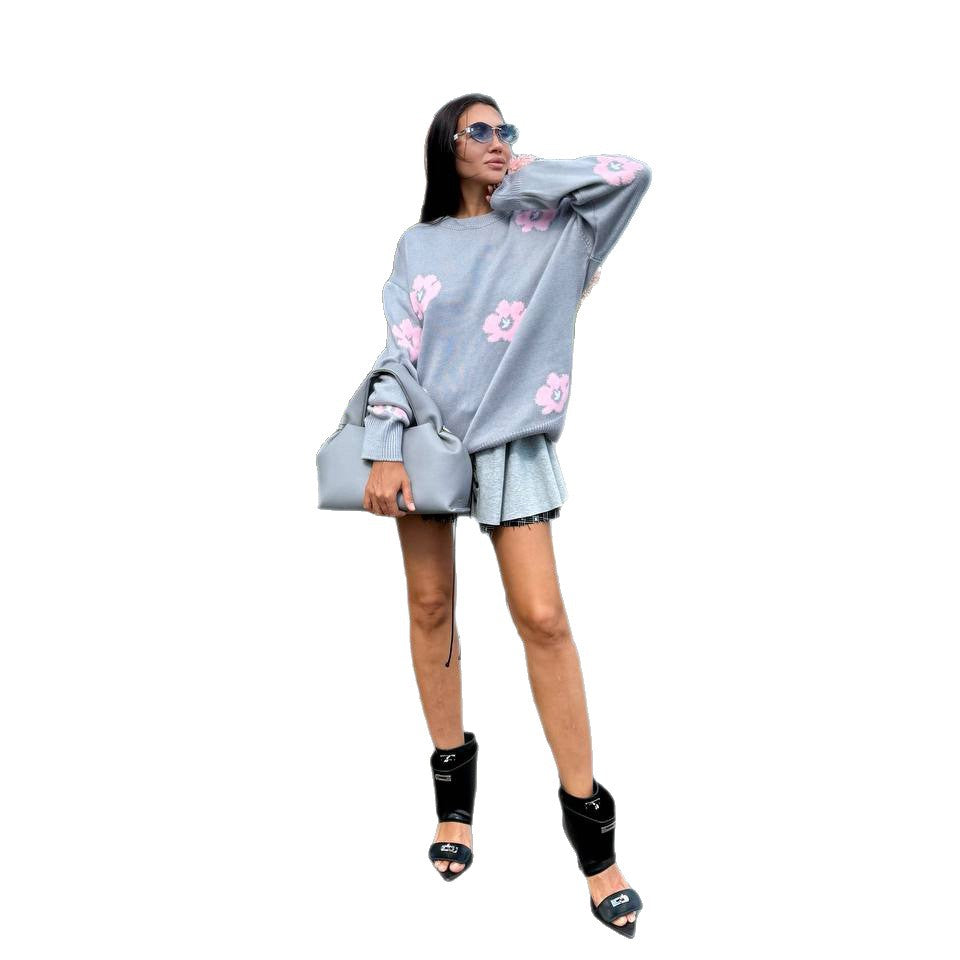 Damen Pullover Grobgestrickt Blumenmuster