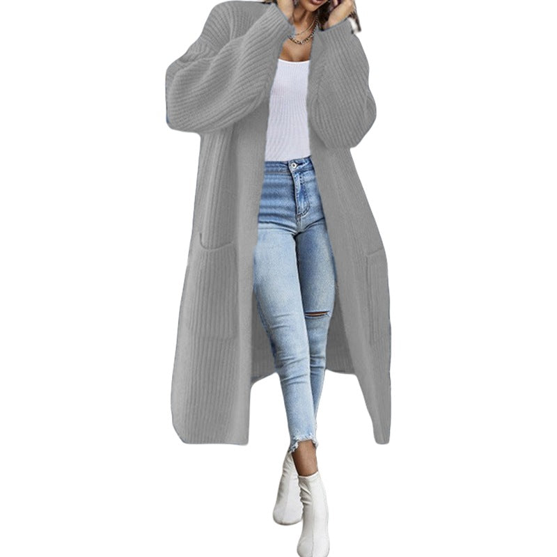 Damen Grobstrick-Cardigan Offenes Frontdesign Mit Taschen Beige
