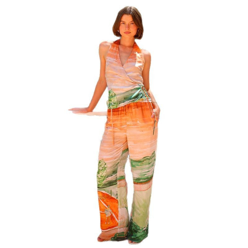 Damen Jumpsuit V-Ausschnitt Seidenbindegürtel Norvielle