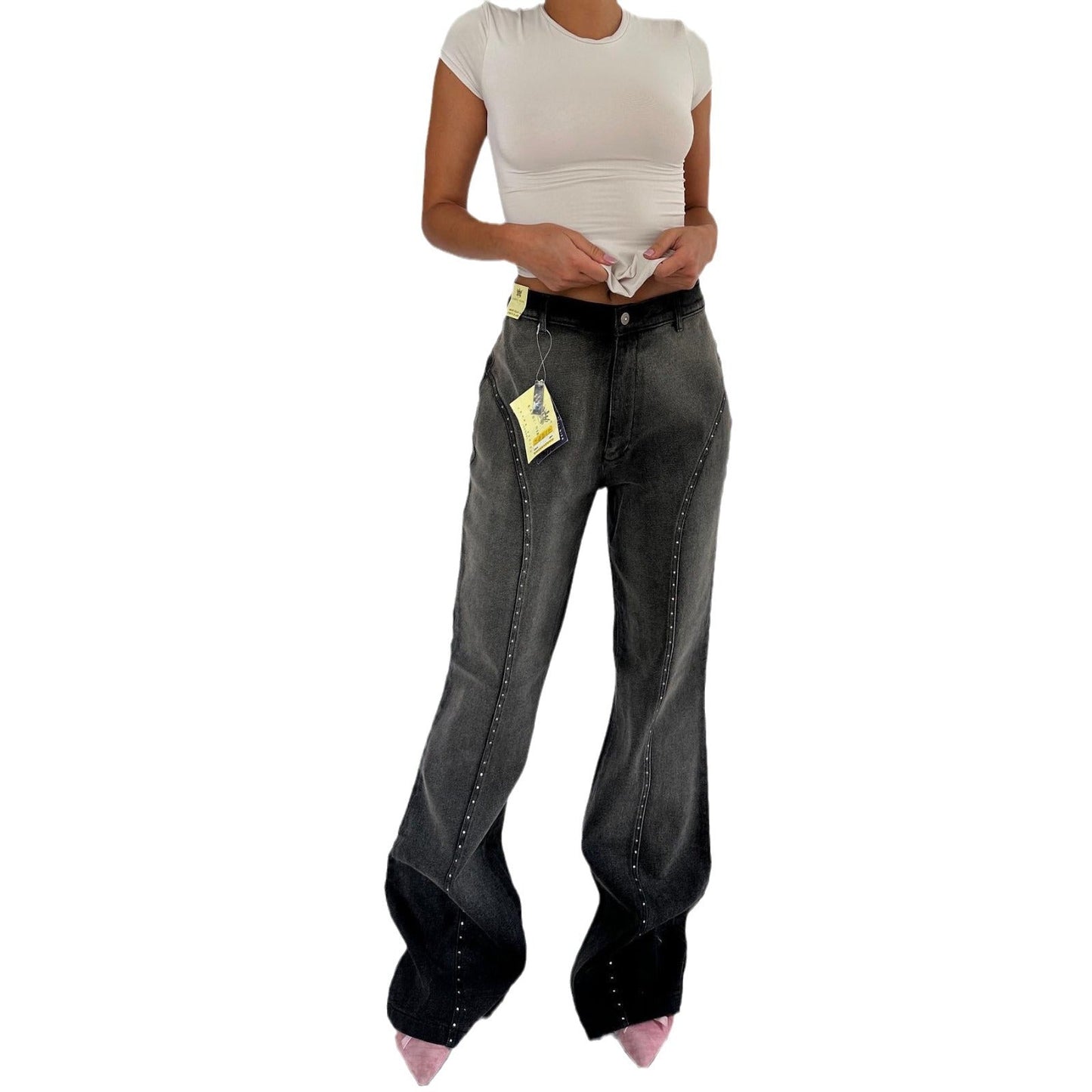 Damen High-Waist Jeans Nietenverzierung