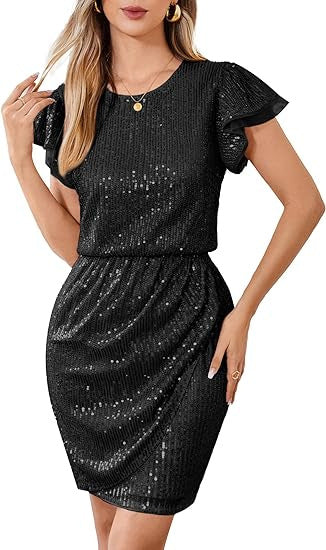 Damen Cocktailkleid Pailletten Voluminöse Rüschenärmel Norvielle