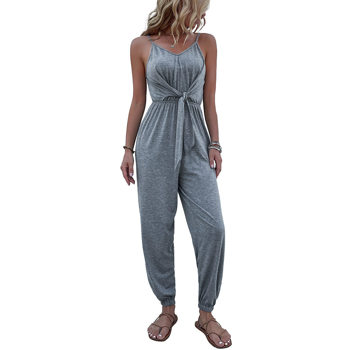 Damen Sommerjumpsuit Elastischer Bund Seidenchiffon Beige