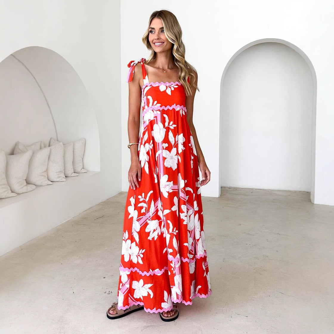 Damen Maxikleid Trägerdesign Druck Norvielle