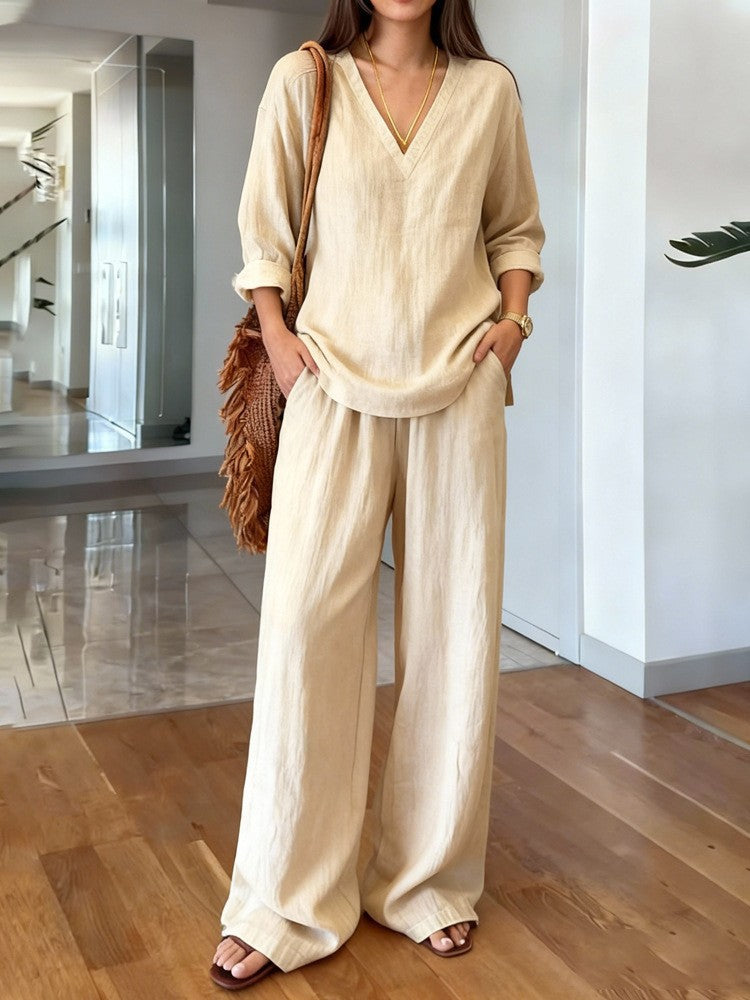 Damen Leinen-Oberteil und Palazzo-Hosen-Set Leinen Beige
