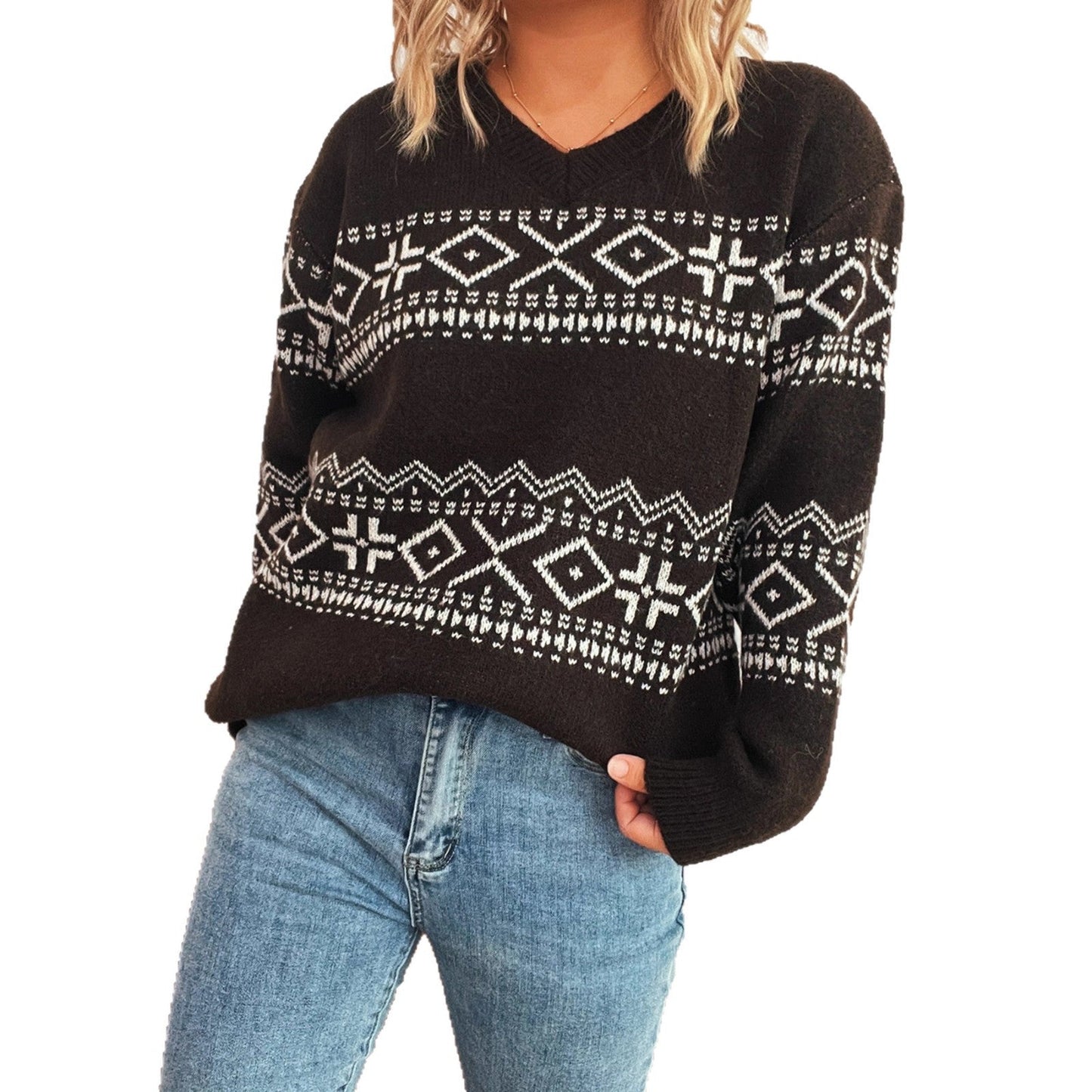 Damen Pullover V-Ausschnitt Skandinavisches Muster Locker Norvielle