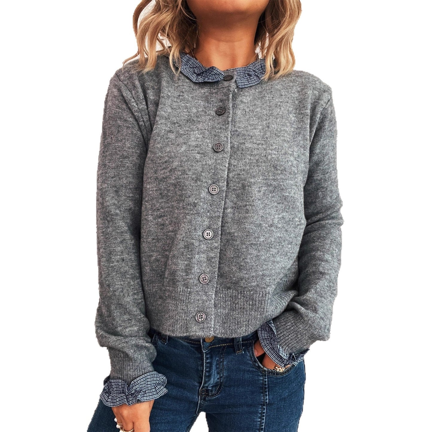 Damen Strickjacke Kontrastkragen Norvielle