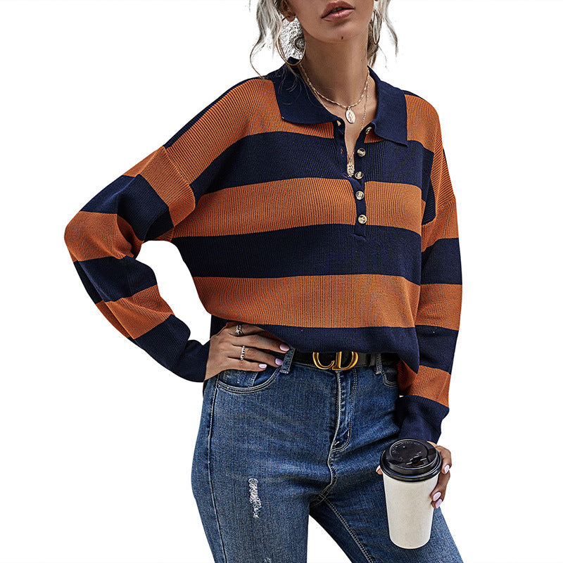 Damen Oversized Pullover Streifenmuster Knopfleiste Norvielle