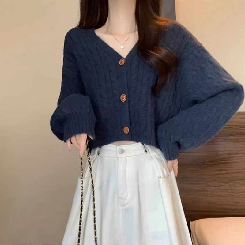 Damen Grobstrick Cardigan Knöpfe V-Ausschnitt Beige