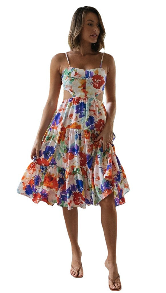 Damen Midi-Kleid Blumenmuster Fließender Rock