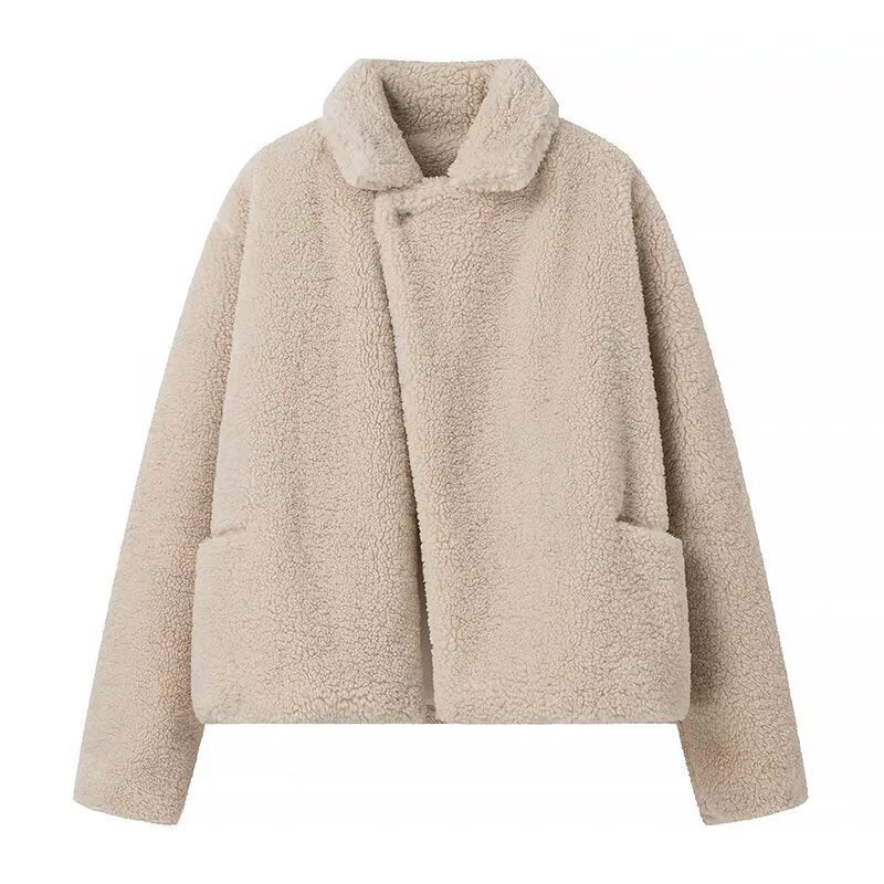 Damen Teddyjacke Modernes Revers Kuschelig Beige