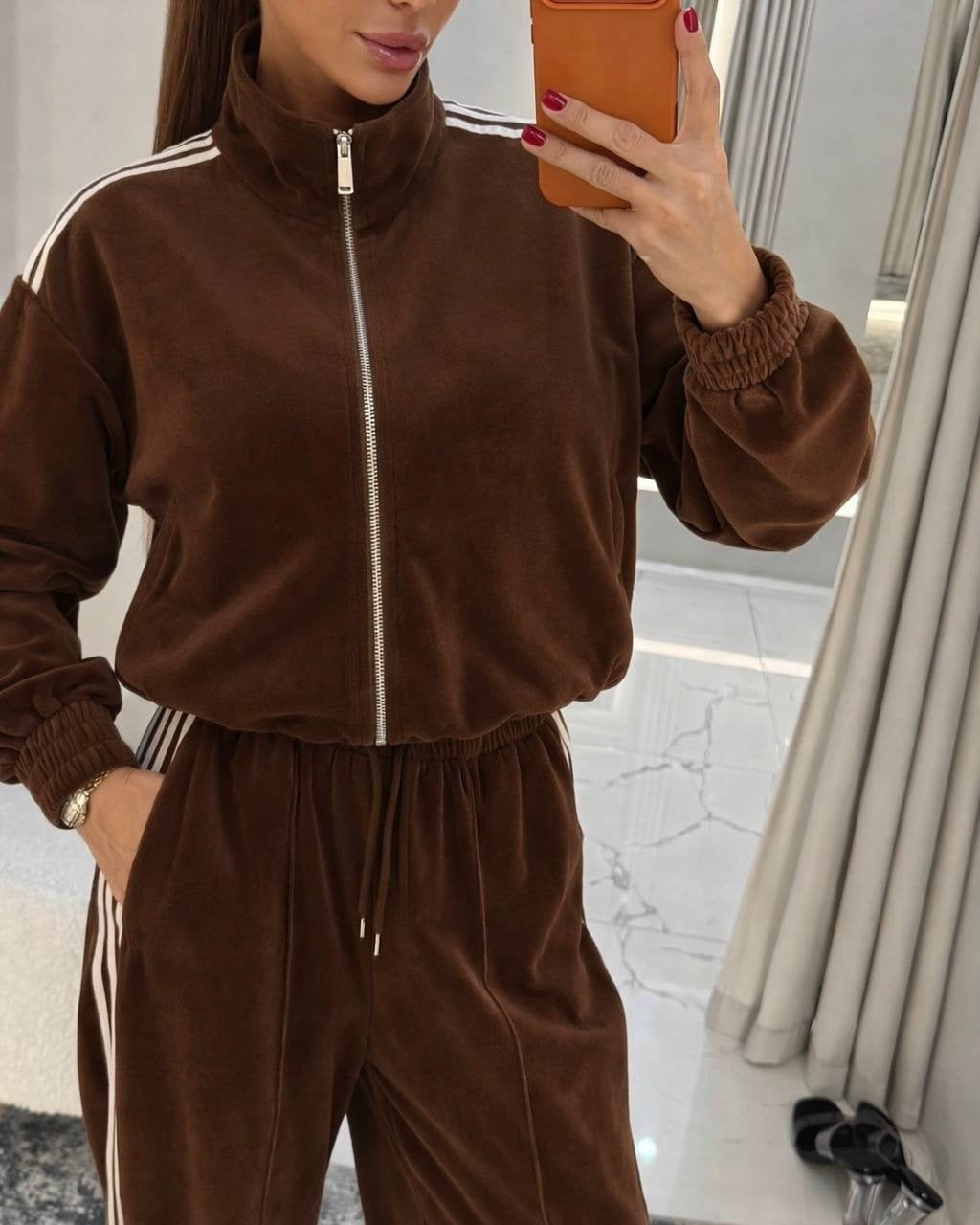 Damen Velours Jogginganzug Hochgeschlossener Kragen Elastischer Bund