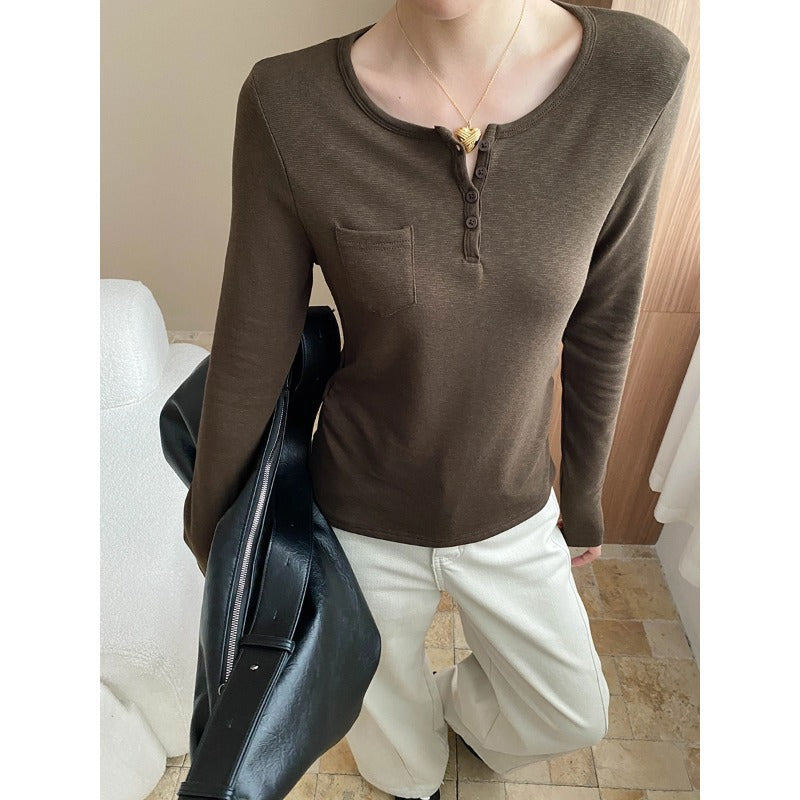 Damen Langarmshirt mit Knöpfen und Brusttasche Norvielle