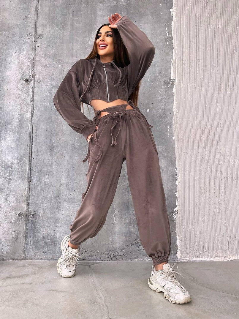 Damen Sportliches Velours-Cropped-Set mit Reißverschluss und
