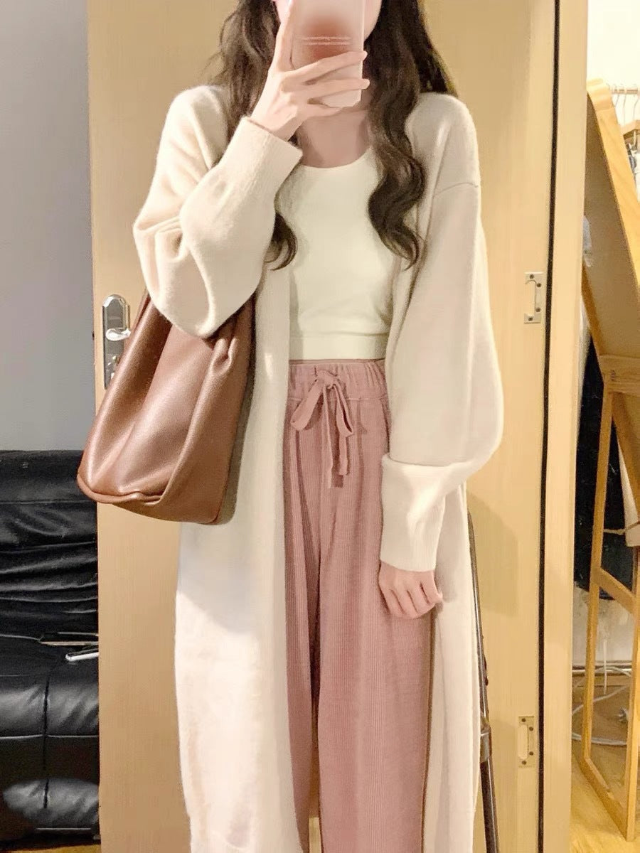 Damen Strickmantel Lang aus Merino-Wolle mit Taschen Beige