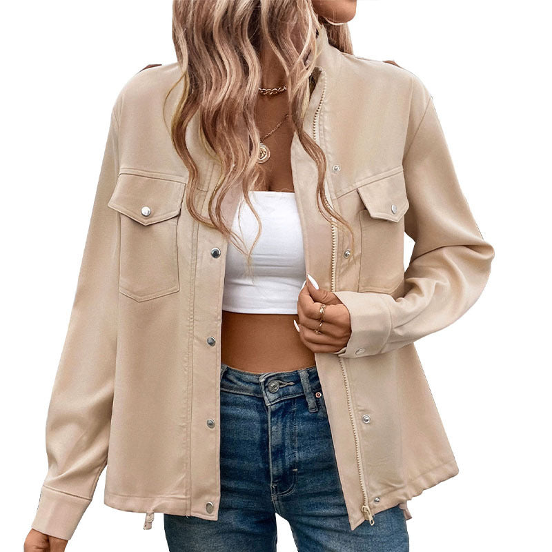 Damen Overshirtjacke Leicht Dekorative Knöpfe Brusttasche Beige