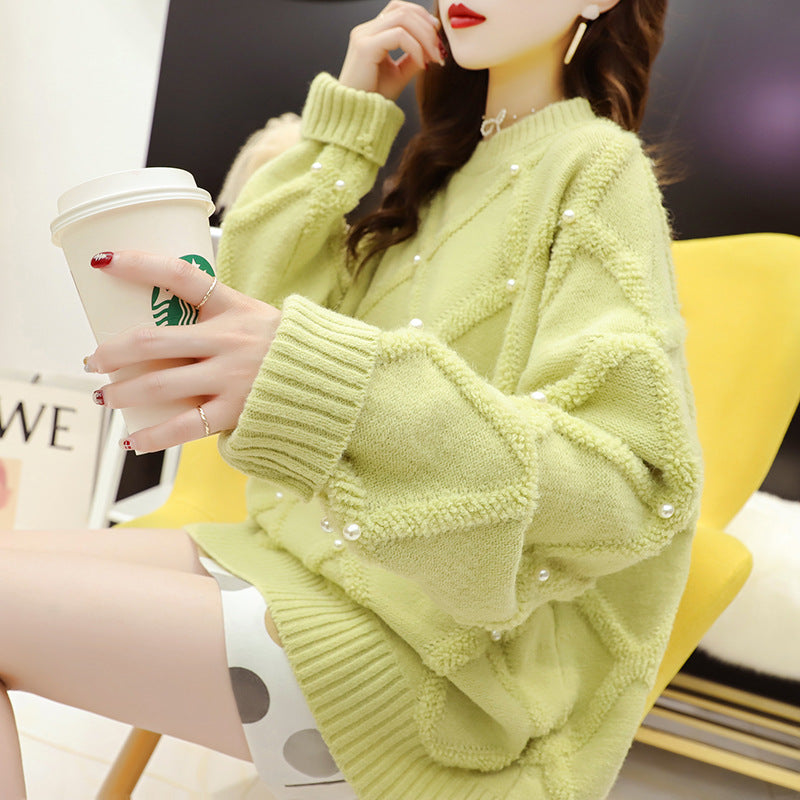 Damen Oversized Pullover Strukturmuster Perlenverzierungen Norvielle