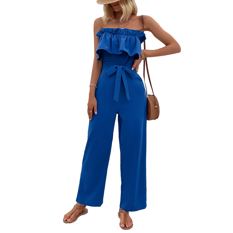 Damen Jumpsuit Voluminöse Rüschen Taillengürtel Norvielle