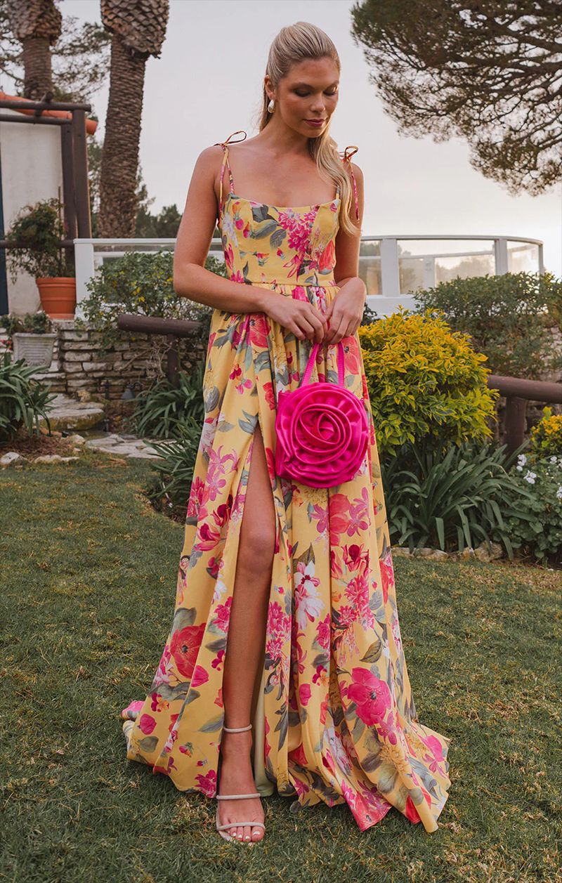 Damen Maxi-Kleid Langarm Floralmuster Rüschendetails Norvielle