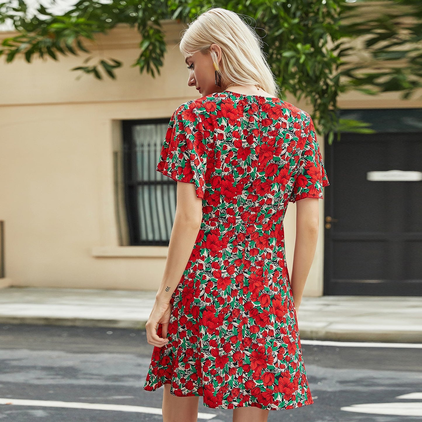 Damen Midi-Kleid mit V-Ausschnitt und Voluminösen Ärmeln Floral