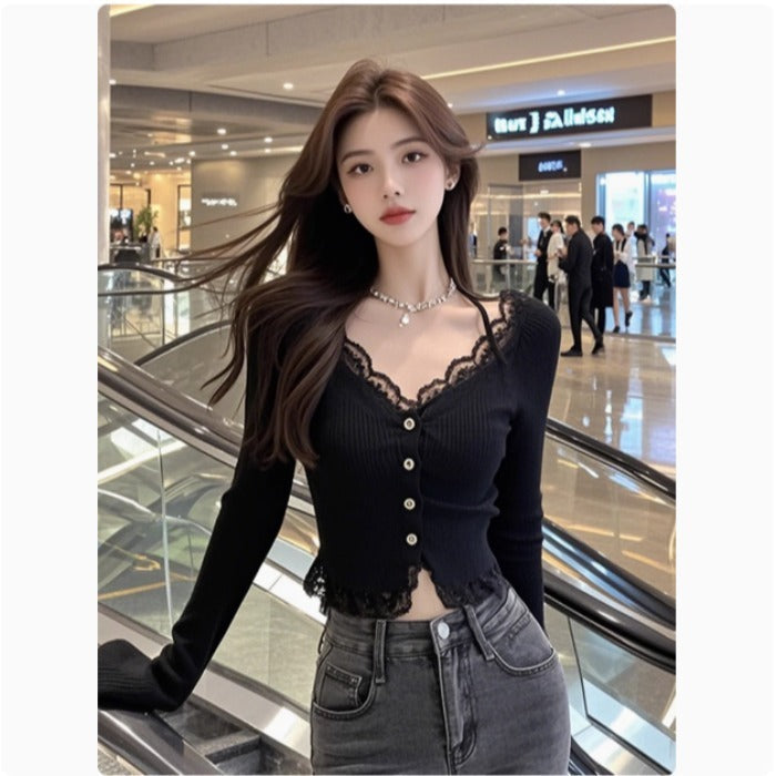 Damen Langarmshirt Spitzenbesatz Norvielle