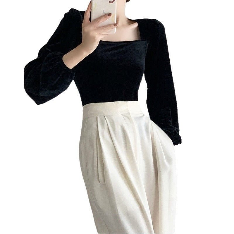 Damen Strickoberteil Puffärmel Quadrat-Ausschnitt Elegantes Design