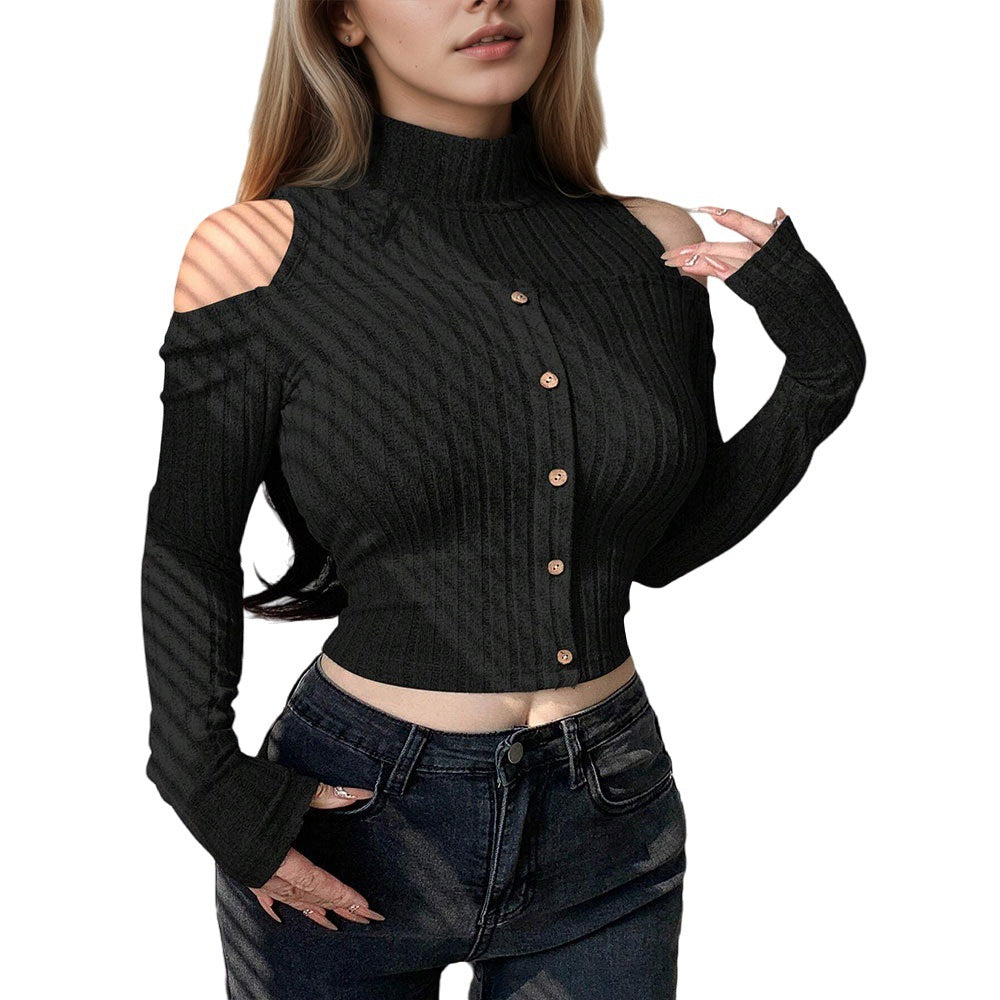 Damen Cropped Pullover Langarm Schulterfrei Knopfverschluss Norvielle