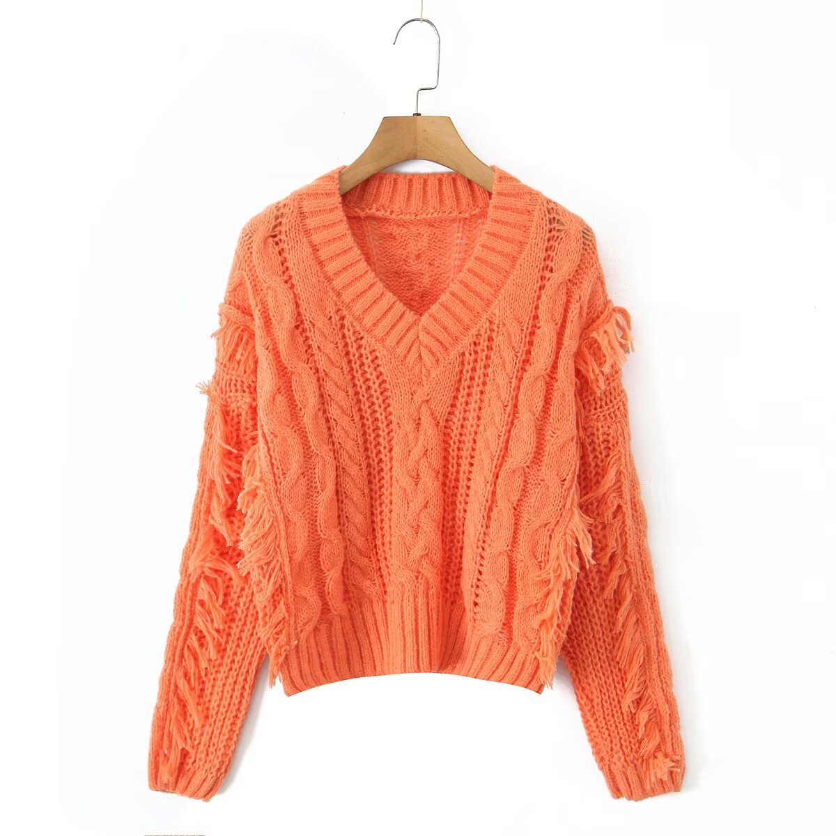 Damen Grobstrickpullover V-Ausschnitt Fransen Norvielle