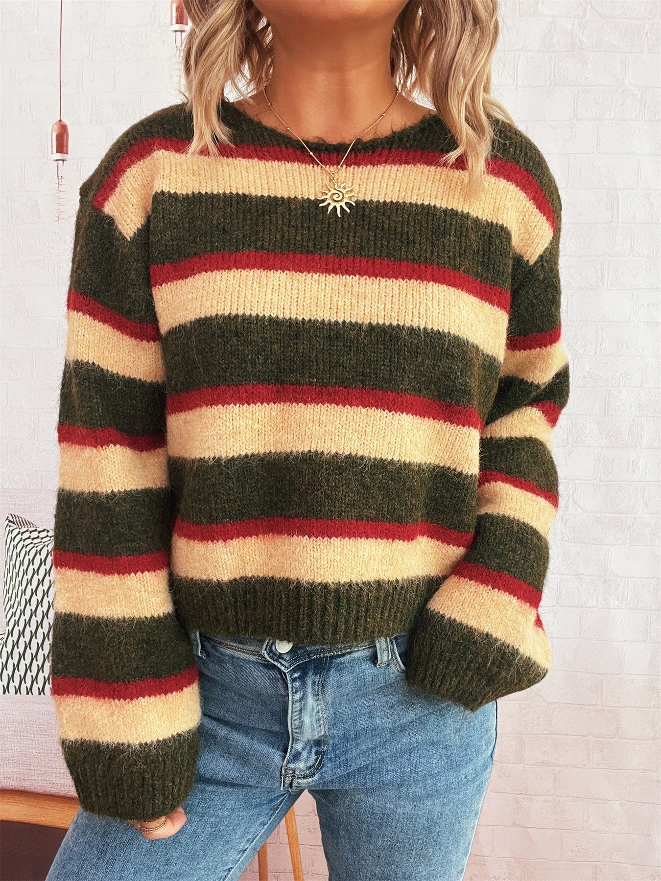 Damen Strickpullover Bunt Streifenmuster Breite Ärmel