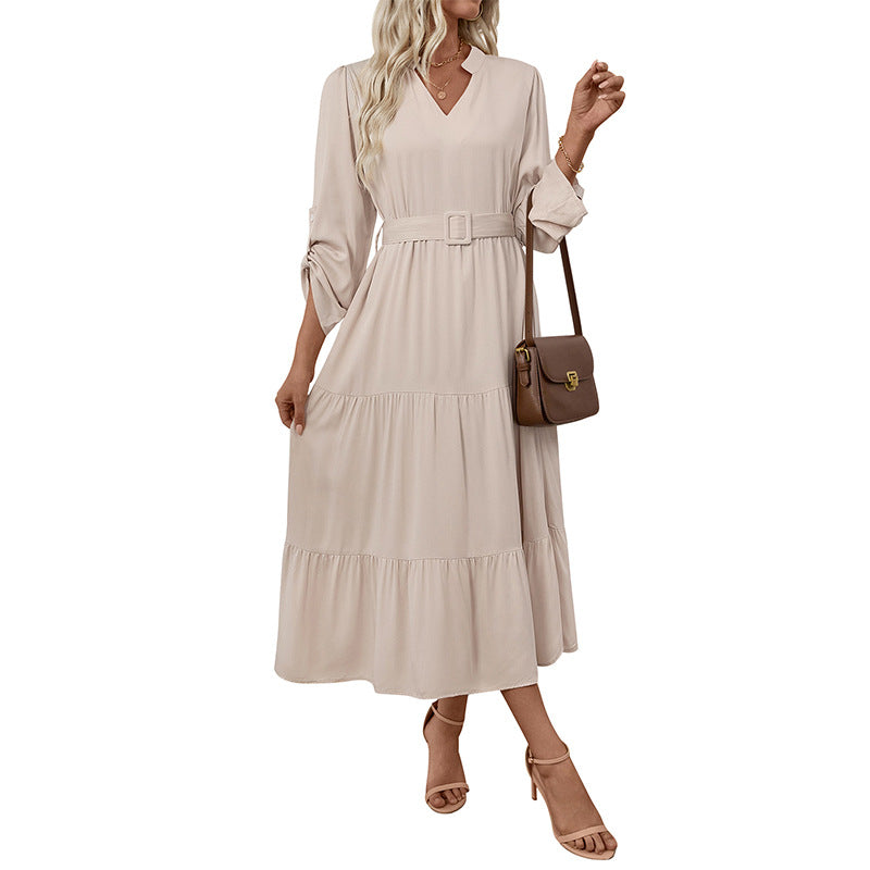 Damen Maxikleid V-Ausschnitt Taillierter Gürtel Norvielle