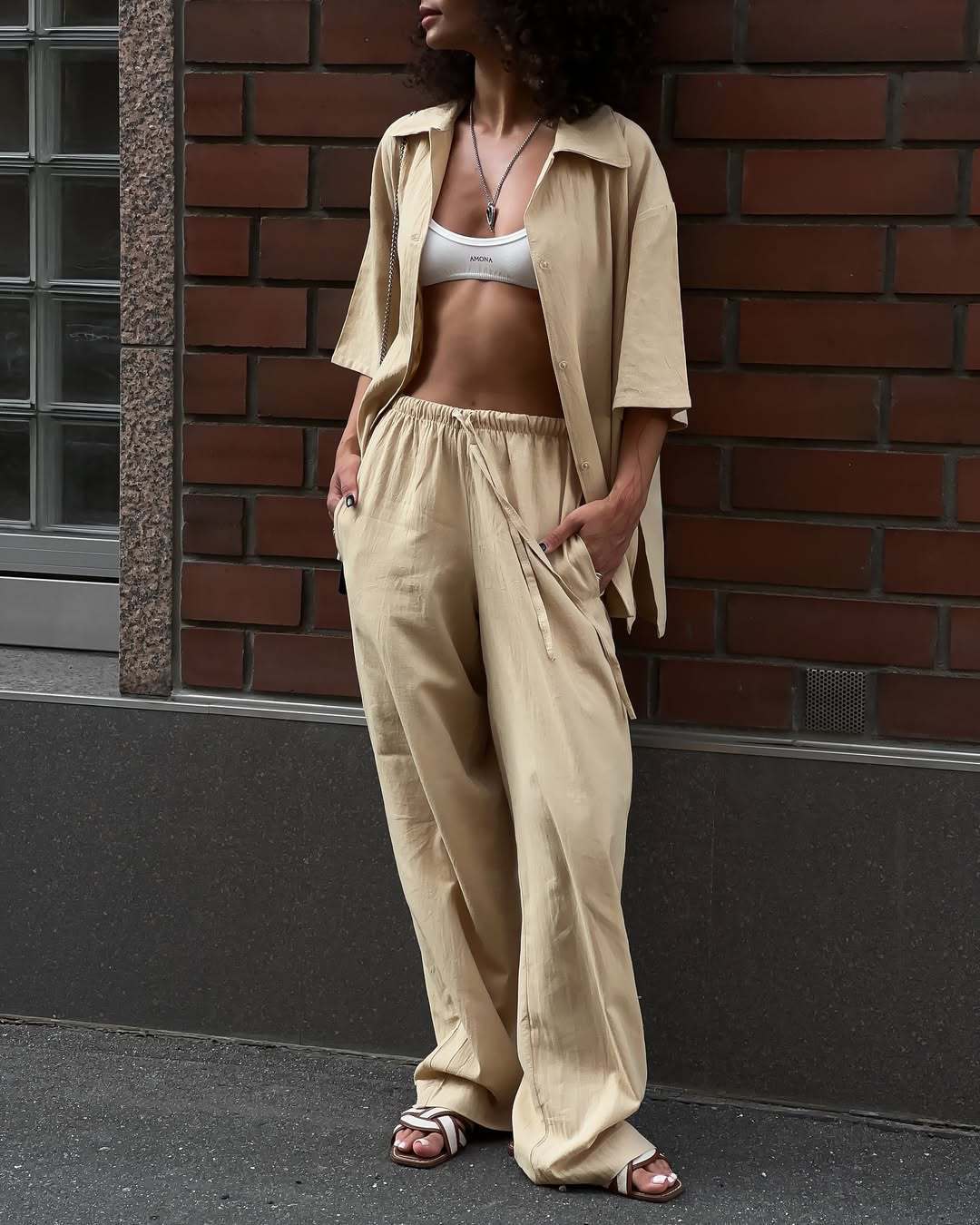 Damen Lounge-Anzug Leichter Baumwolle Weit Schnitt Beige