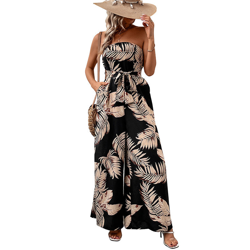 Damen Strapless Jumpsuit Florale Print Taillengürtel