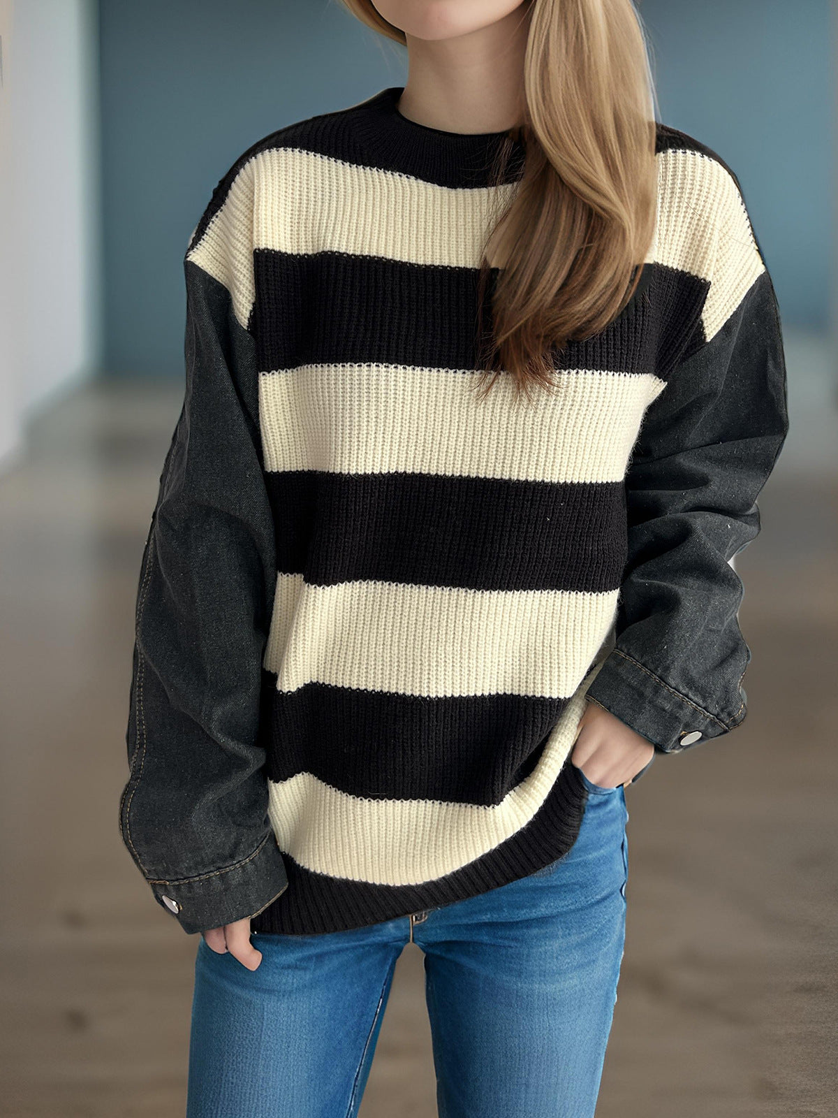 Damen Oversized Pullover Gestreift Weicher Baumwollmix Beige