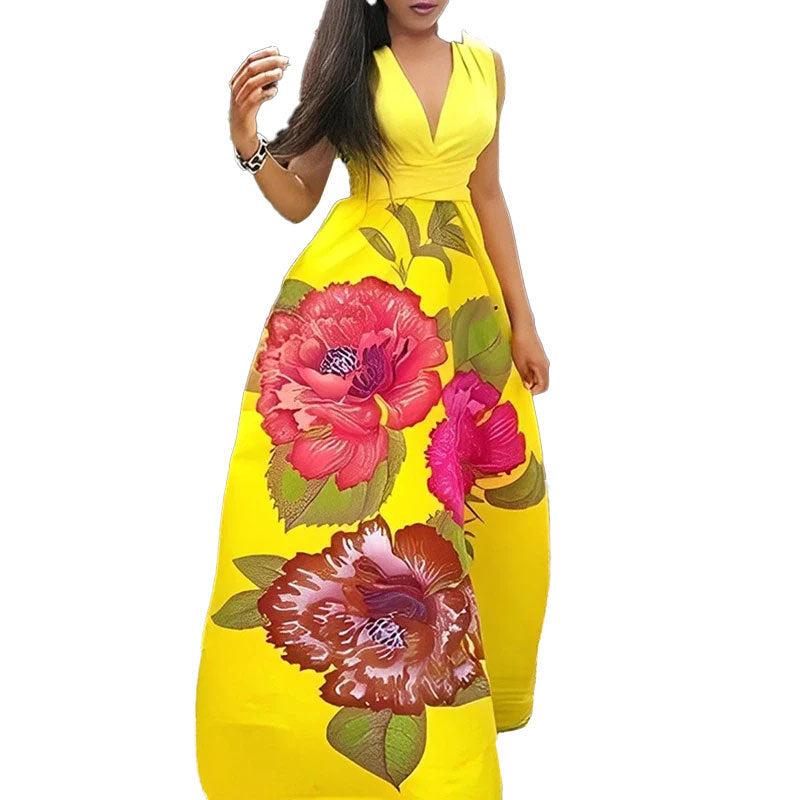 Damen Maxikleid V-Ausschnitt Blumenmuster