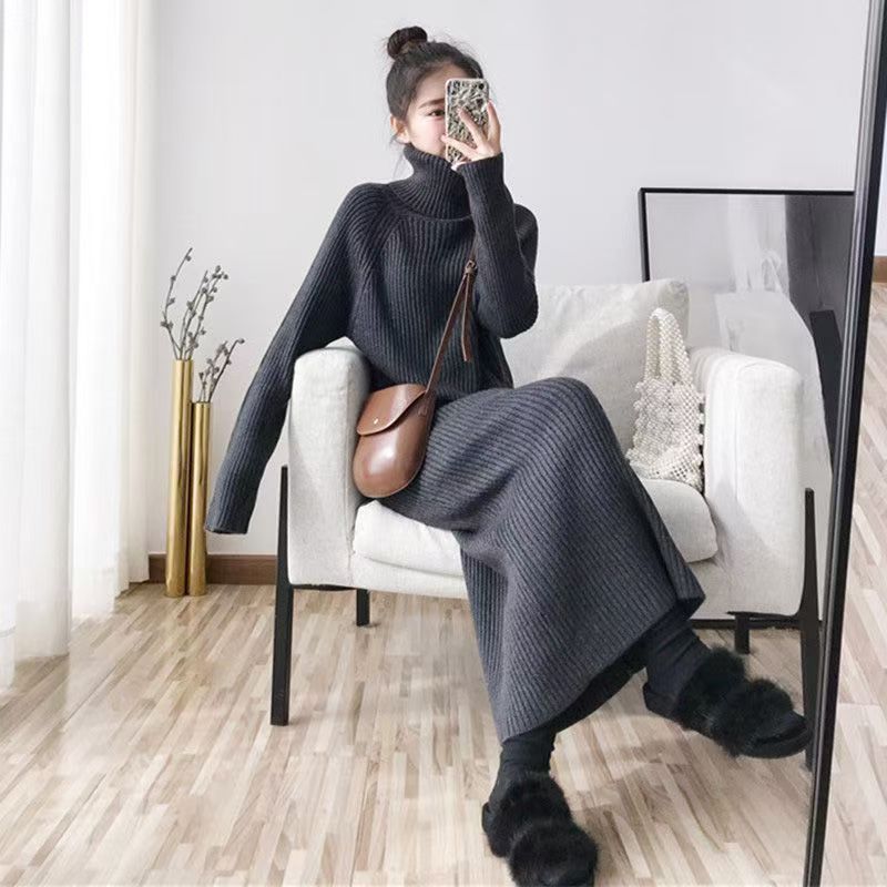 Damen Rippstrickkleid Hoher Kragen Langer Schnitt