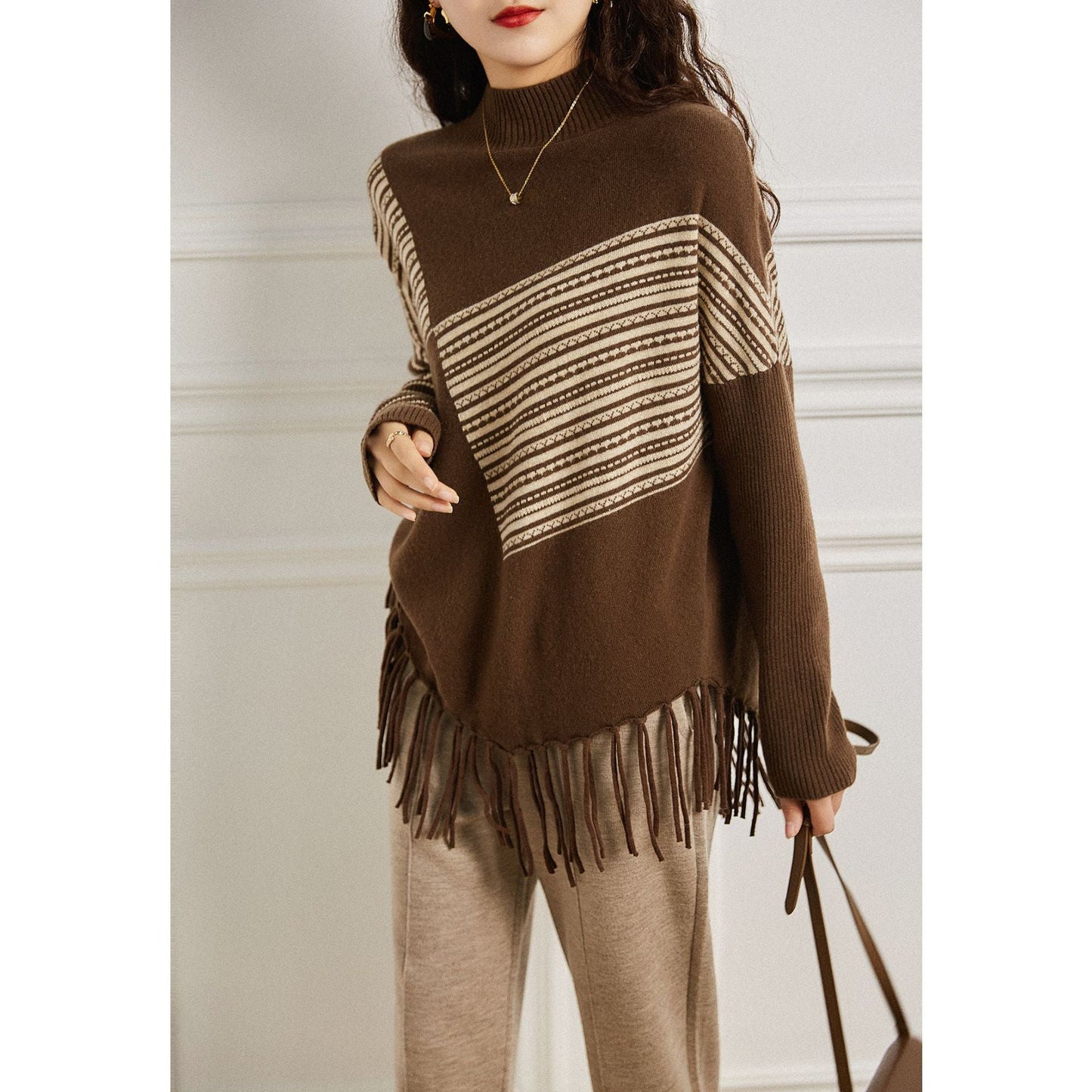 Damen Strickpullover Geometrisches Muster Fransen Norvielle