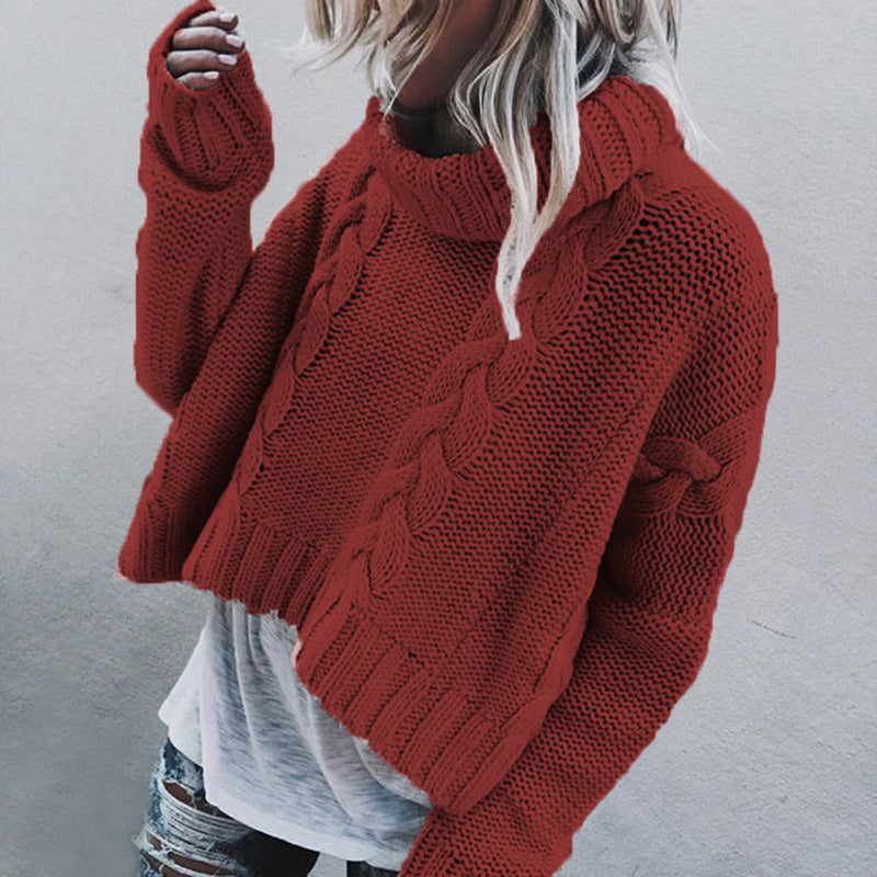 Damen Strickpullover Cropped Rollkragen Zopfmuster