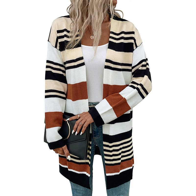 Damen Strickcardigan Lässig Weite Ärmel Streifen Beige
