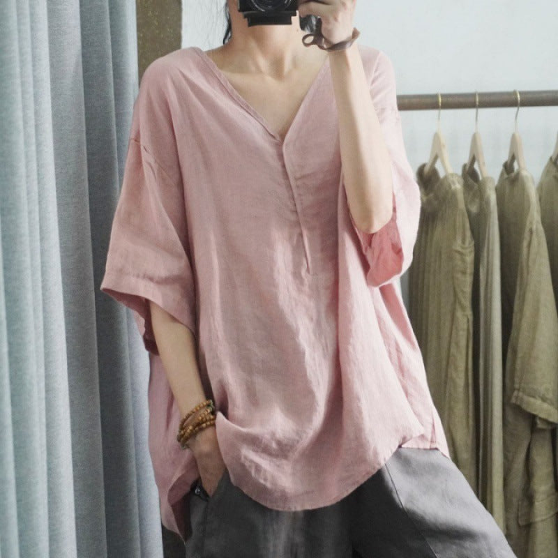 Damen Leinen-T-Shirt Oversized V-Ausschnitt Lässig Beige