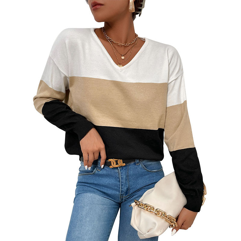 Damen Pullover V-Ausschnitt Farbblock-Design Norvielle