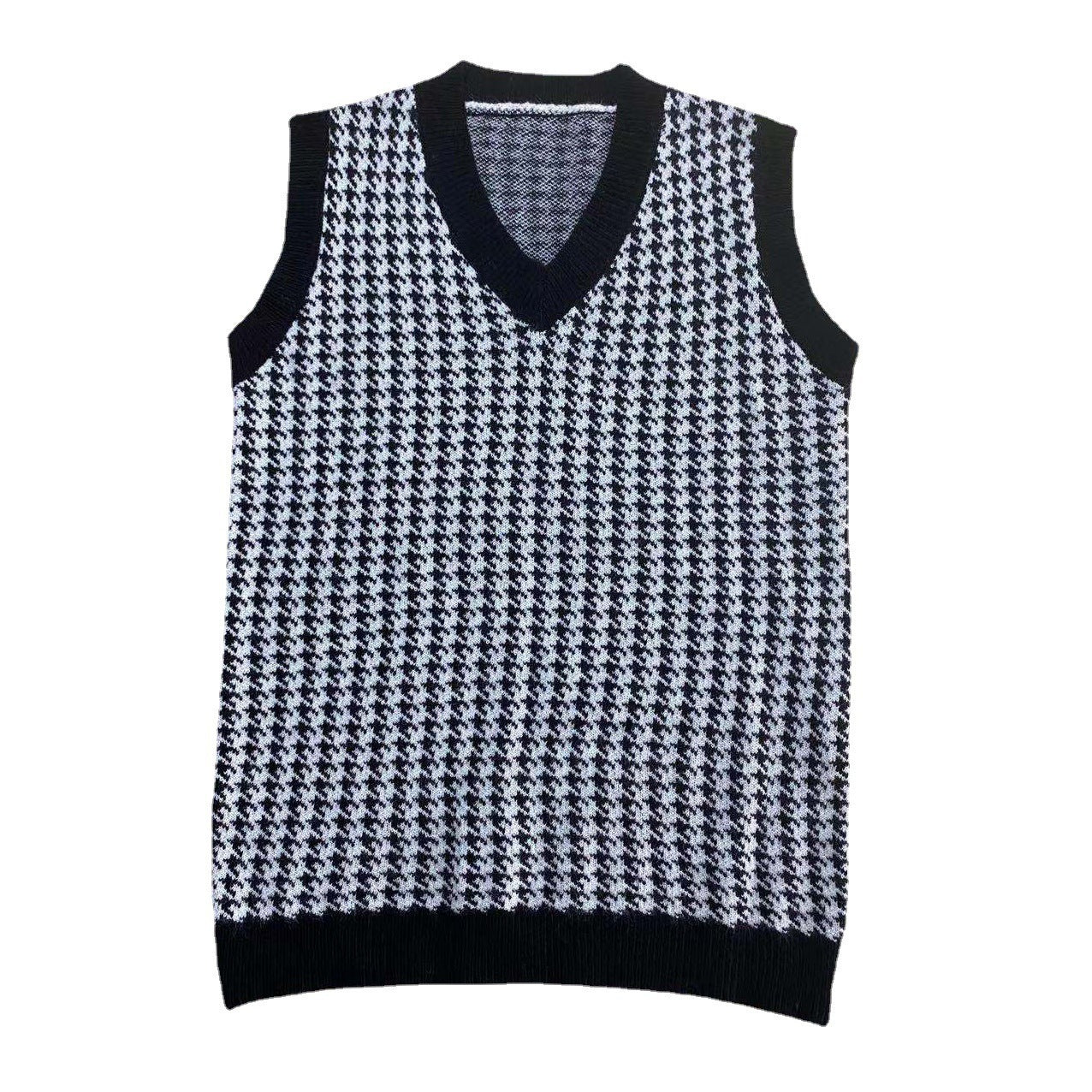Damen Strickkleid Hahnentrittmuster V-Ausschnitt