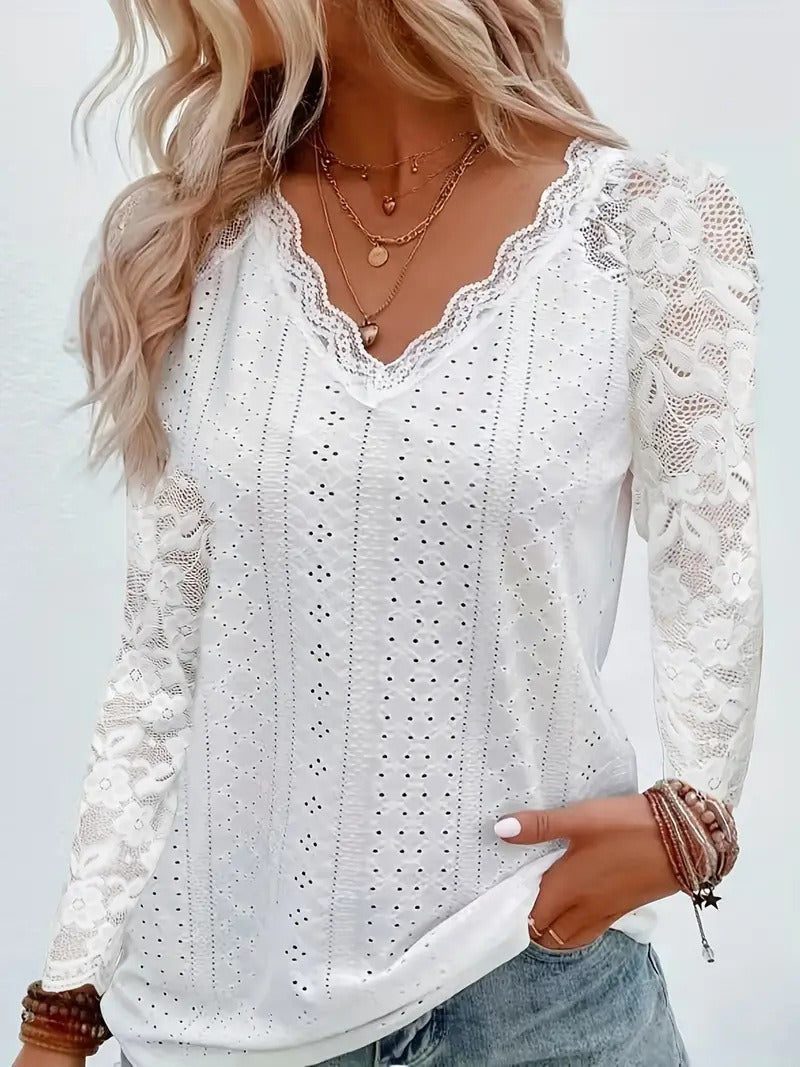 Damen Oberteil Spitzenbesatz V-Ausschnitt Elegantes Design