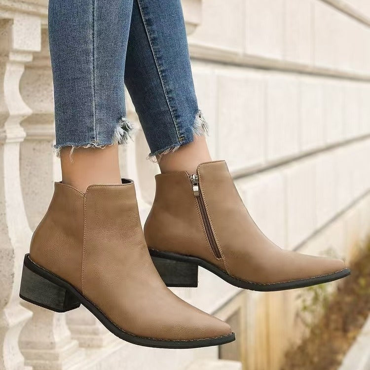 Norvielle Damen Stiefeletten Kunstleder Spitz Niedriger Blockabsatz