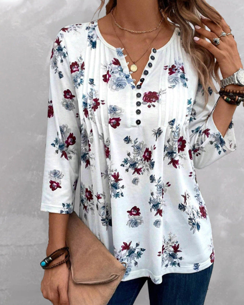 Damen Bluse Floralmuster Knopfdetails Norvielle