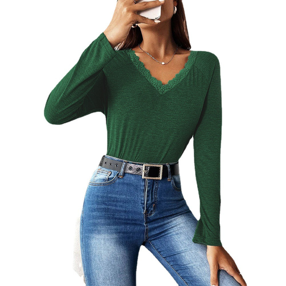 Damen Langarmshirt V-Ausschnitt Spitze Norvielle