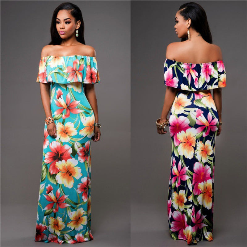 Damen Maxikleid Off-Shoulder Ausschnitt Floralmuster