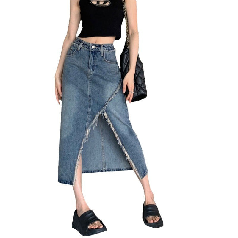 Damen Denim Midi-Rock Asymmetrischer Saum