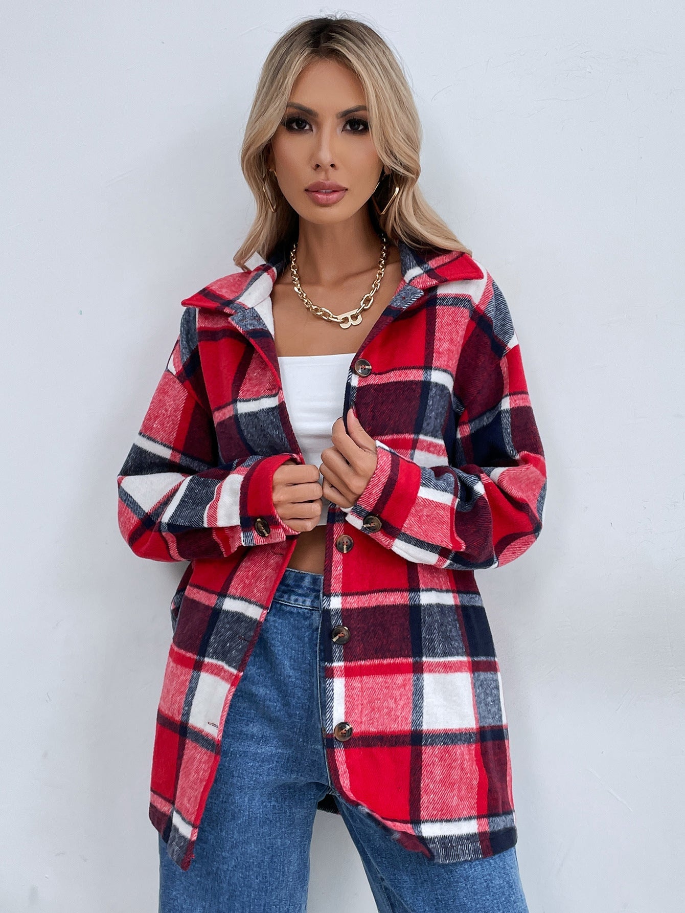Damen Flanelljacke Kariert Knöpfe Norvielle