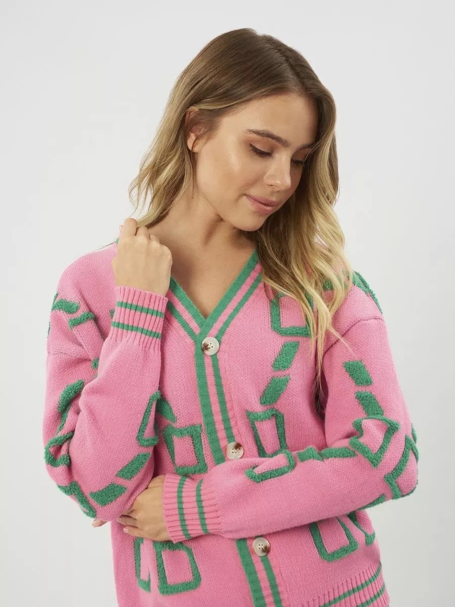 Damen Strickjacke Bunt Geometrisch Knöpfe