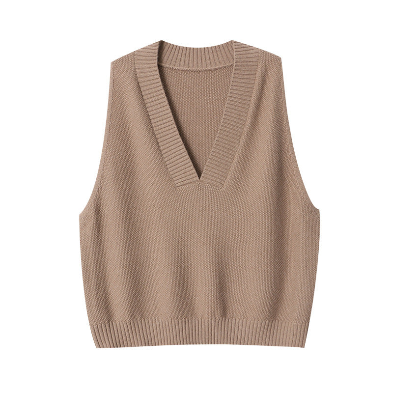 Damen Strickweste V-Ausschnitt Rippdetails Beige